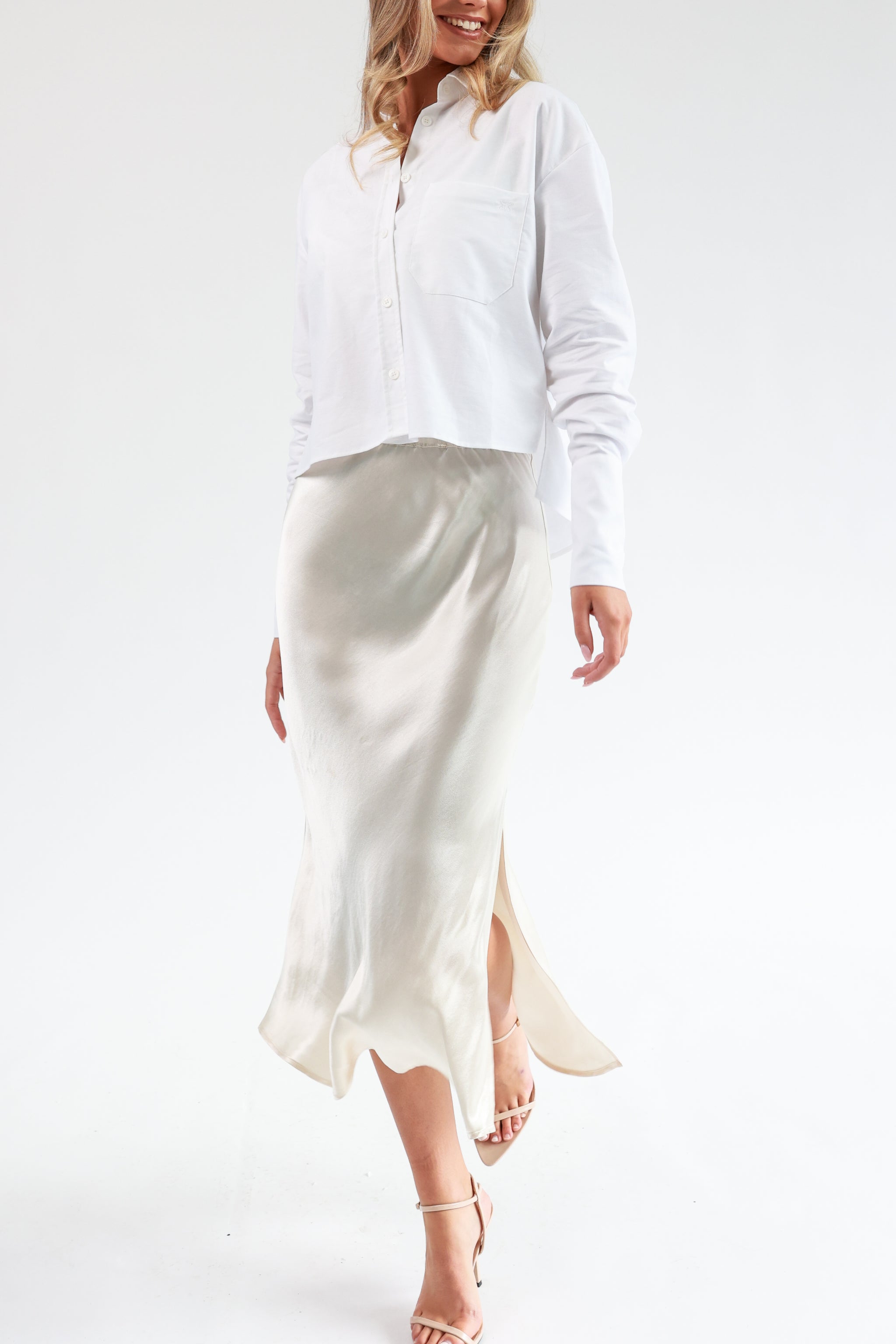 The Orla Champagne Satin Midi Skirt – Sinead Keary