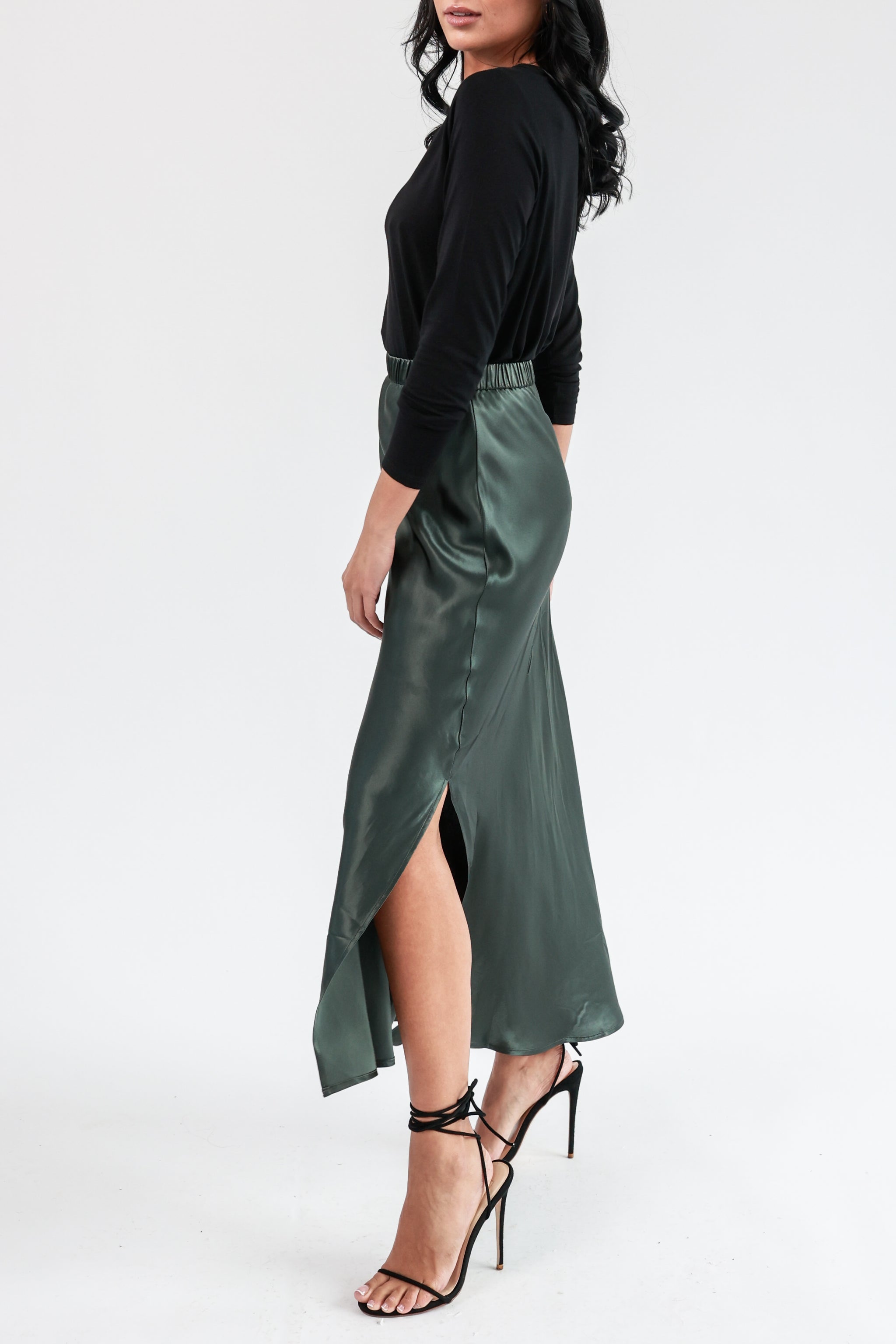 Mid length satin skirts khaki best sale