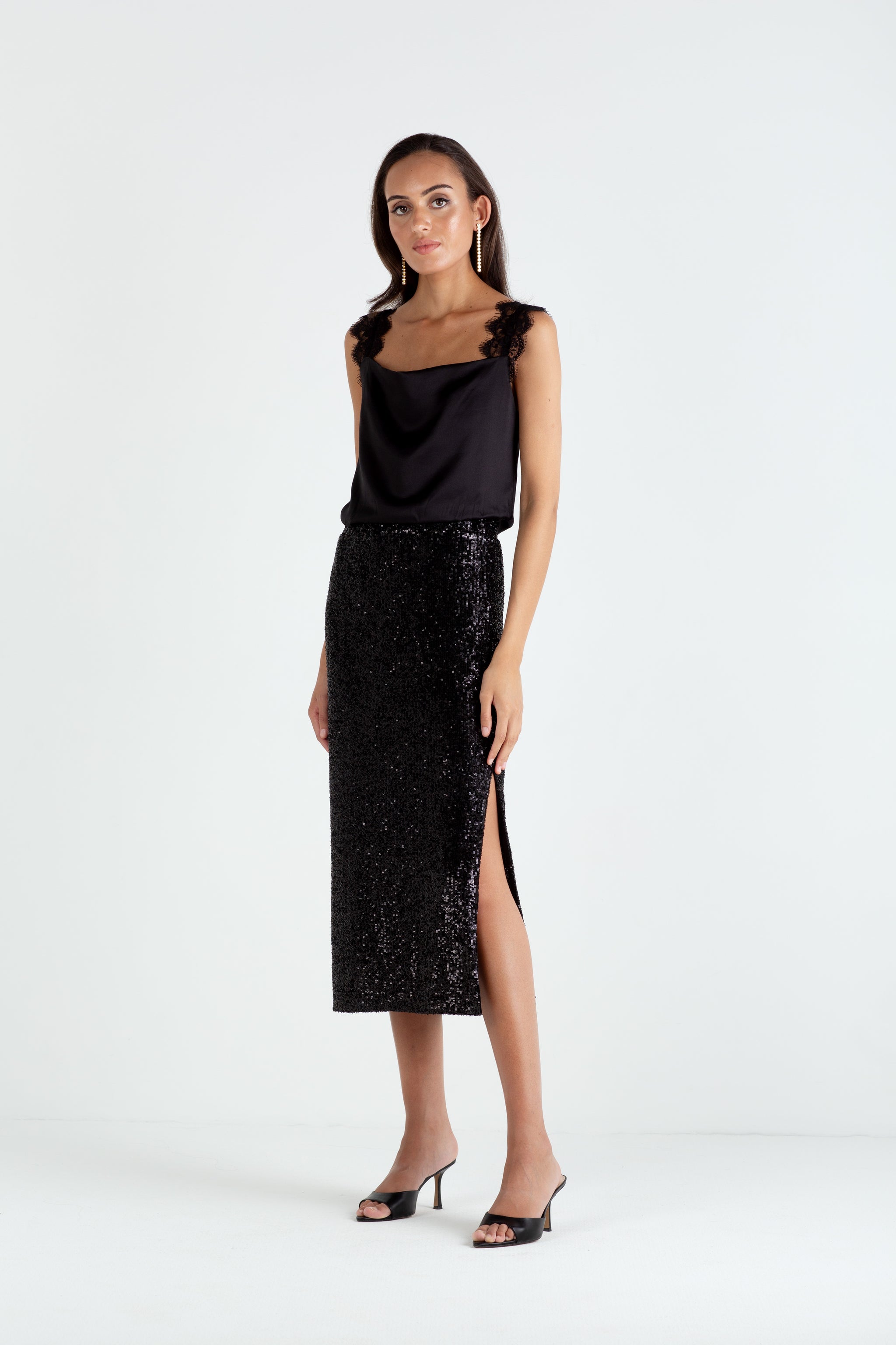 sachin and babi light blue dress Chiffon Skirt Black Marcy Sequin Skirt Dress The Orla Sequin Midi Skirt  (Black)