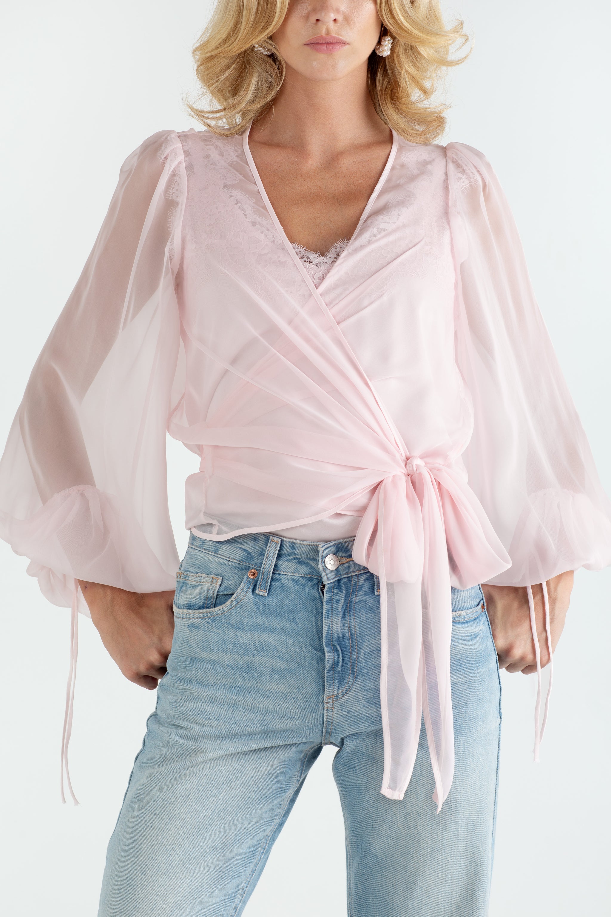 The Jenny Sheer Wrap Blouse in Pink | Sinead Keary