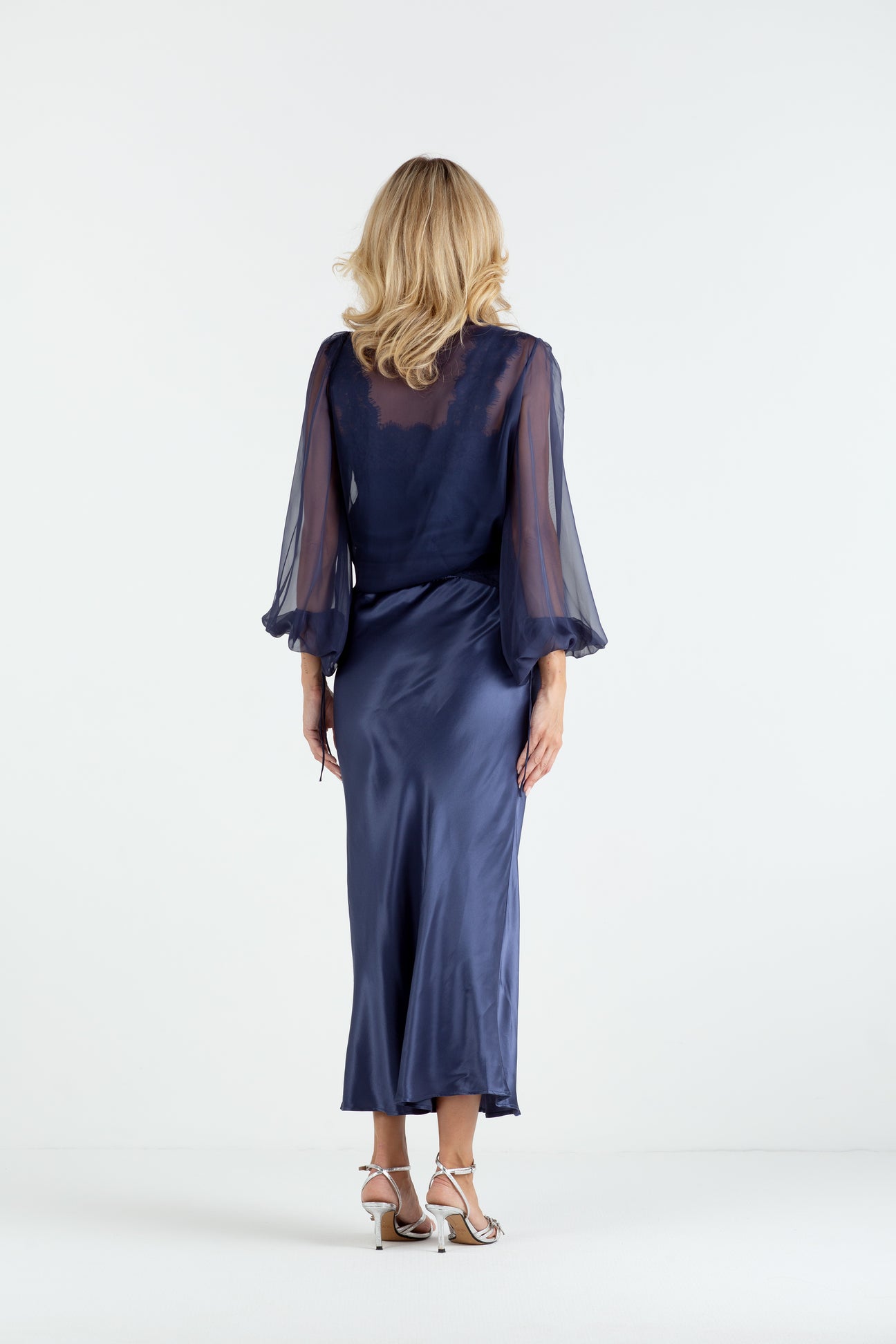 Navy satin slip skirt with lace-trim blouse