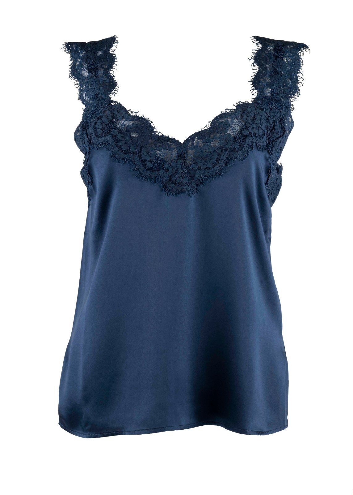 Silk satin camisole in navy blue with French lace – Ariane Delarue Lingerie