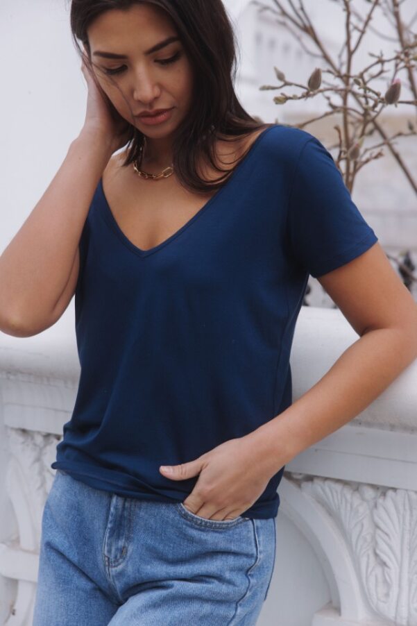 "The Marykate"- Lace Back Detail V-neck T-shirt (Navy) - Sinead Keary