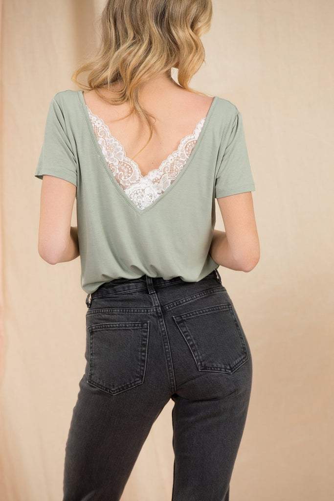 "The Marykate"- Lace Back Detail V-Neck T-shirt (Pistachio) - Sinead Keary