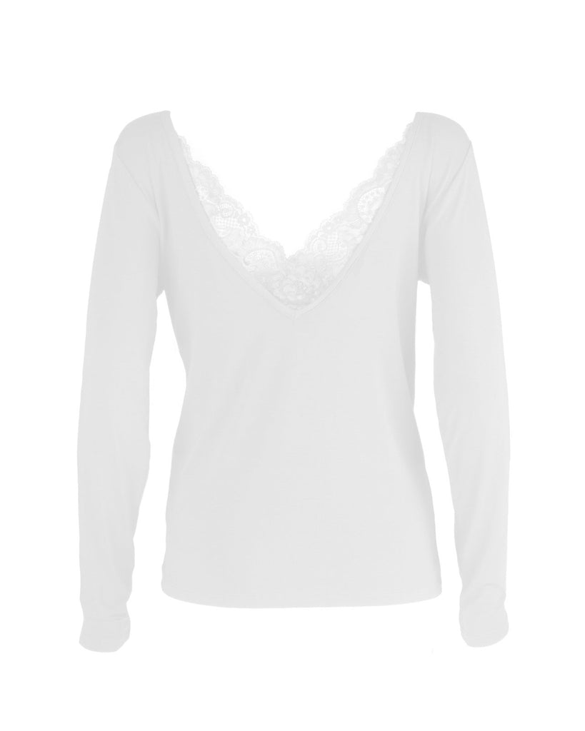"The Marykate Longsleeve"- Lace Back Detail V-neck T-shirt (White) - Sinead Keary