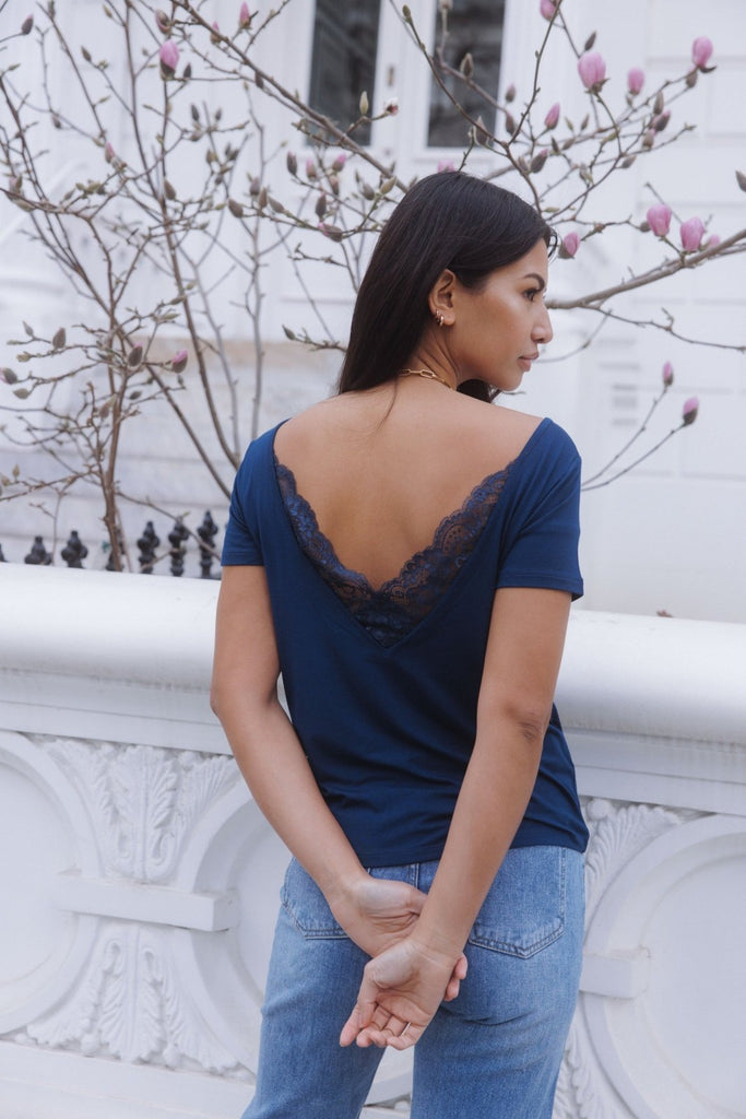 "The Sophie" - Lace Back Detail Round Neck T-shirt (Navy) - Sinead Keary