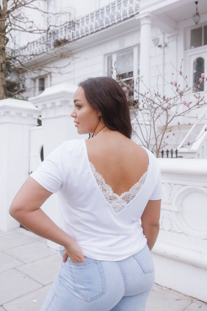 "The Sophie" - Lace Back Detail Round Neck T-shirt (White) - Sinead Keary