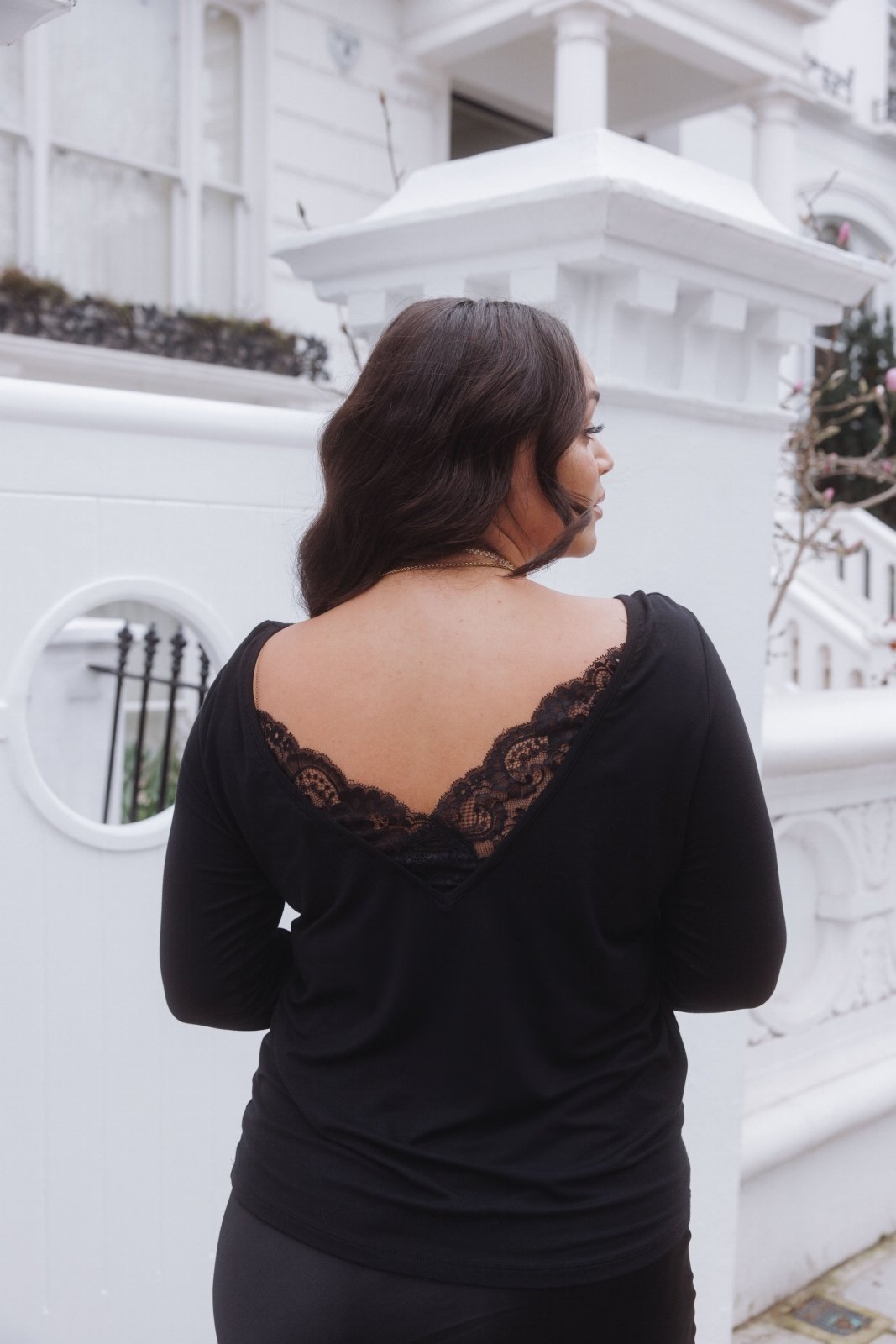 The Sophie Longsleeve Black Lace Back Round Neck T-shirt
